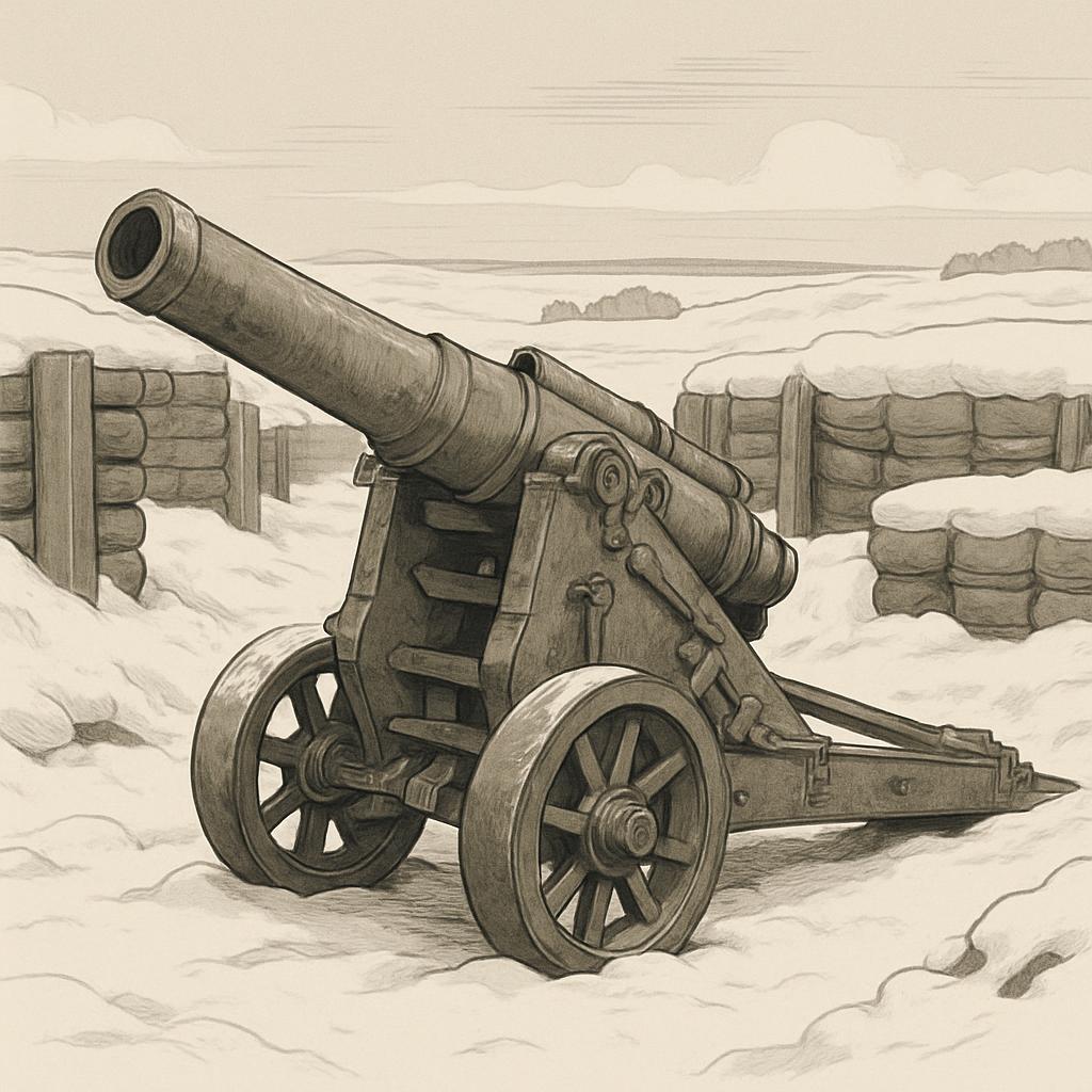 Here is a dramatic and mysterious rephrased caption: "Against a backdrop of frozen time, a lone cannon stands sentinel, it...