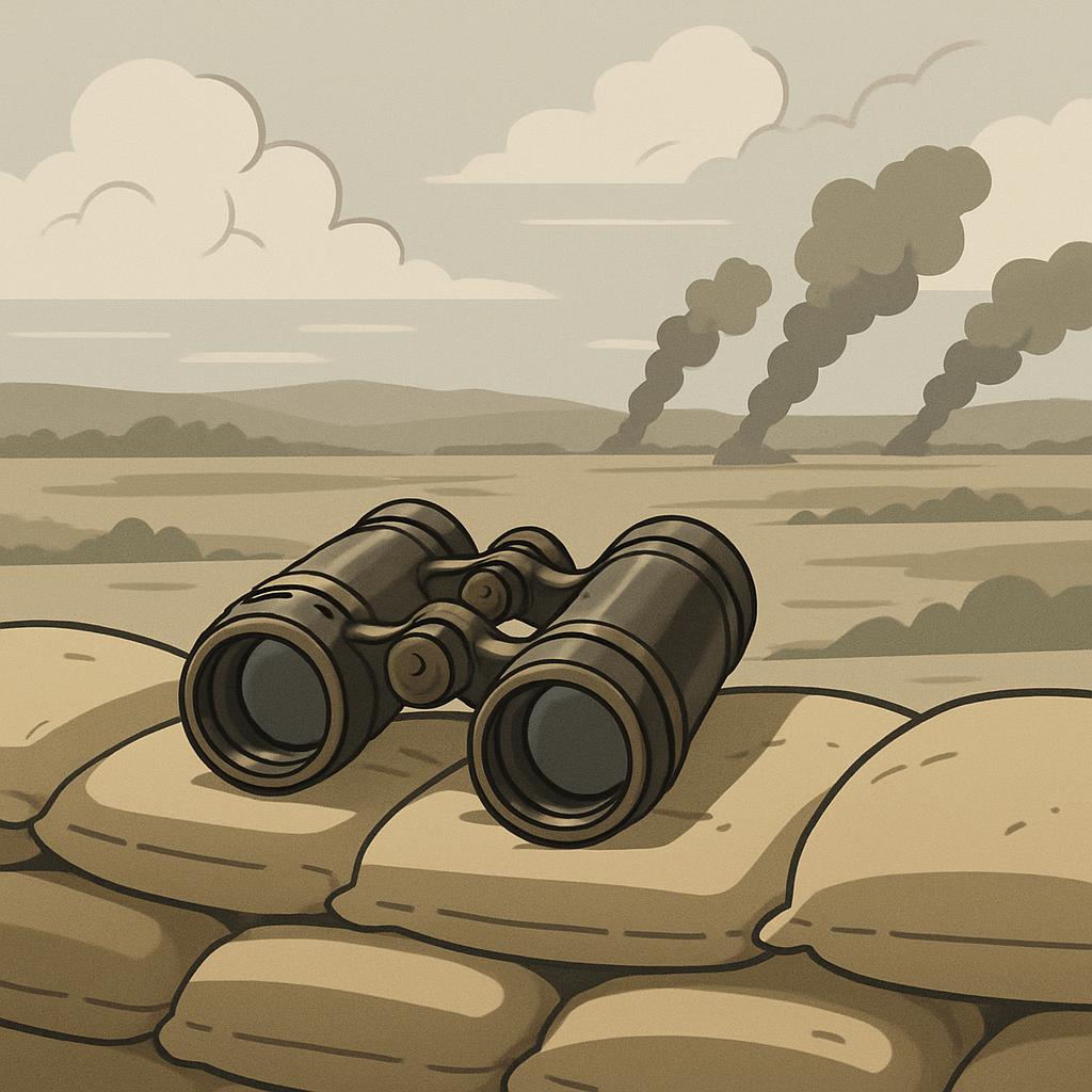 The desert landscape features brown mountains against a cloudy sky, with three plumes of smoke rising from the ground, and...